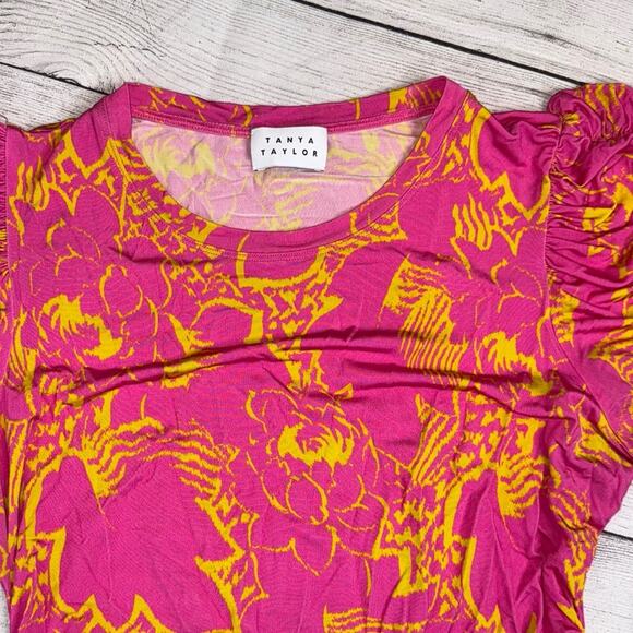 TANYA TAYLOR Chaia Floral Ruched Stretchy Top Pink Yellow Ikat Flower Size 0X - Picture 6 of 9